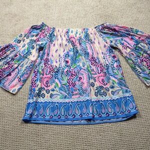 Lilly Pulitzer‎ Nevie Off Shoulder Top Womens Large Blue Reel Nautical Peasant